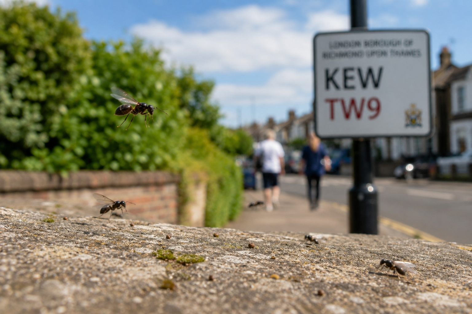 Winged black garden ants (Lasius niger) taking flight during Flying Ant Day on a wall in Kew, south west London