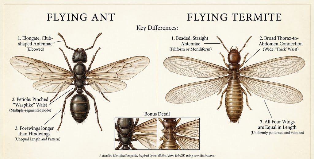 Comparison diagram illustrating the anatomical differences between a flying ant and a flying termite